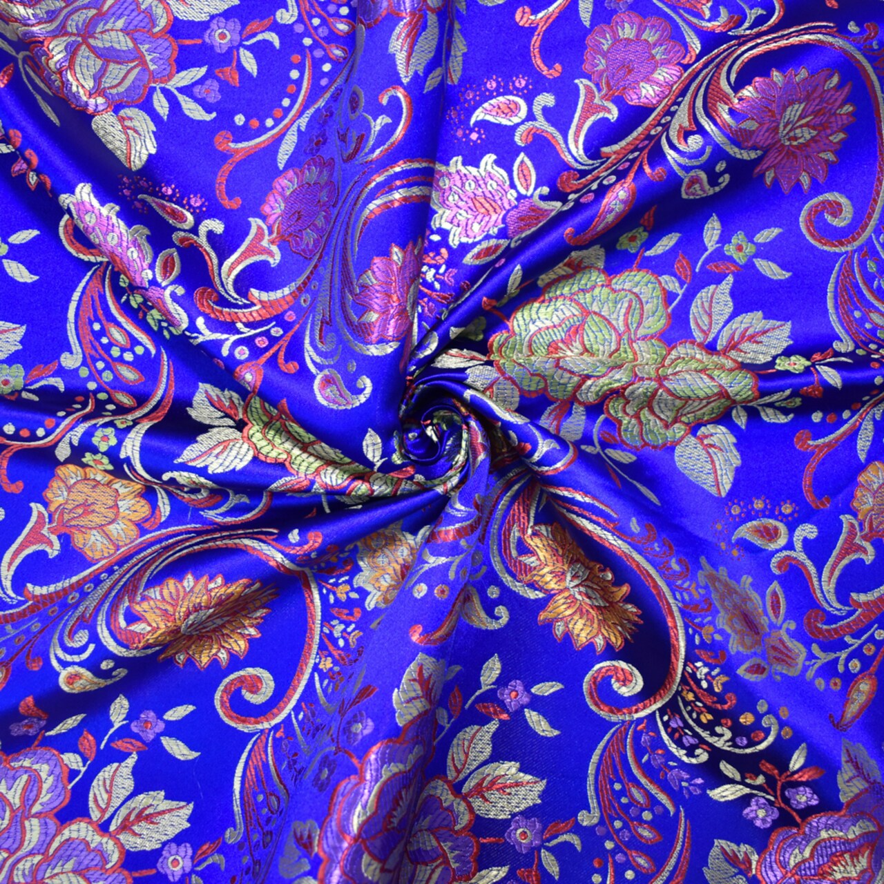 Blue-Yellow-Multi Polyester Floral Vine Chinese Brocade Woven Fabric By the Yard